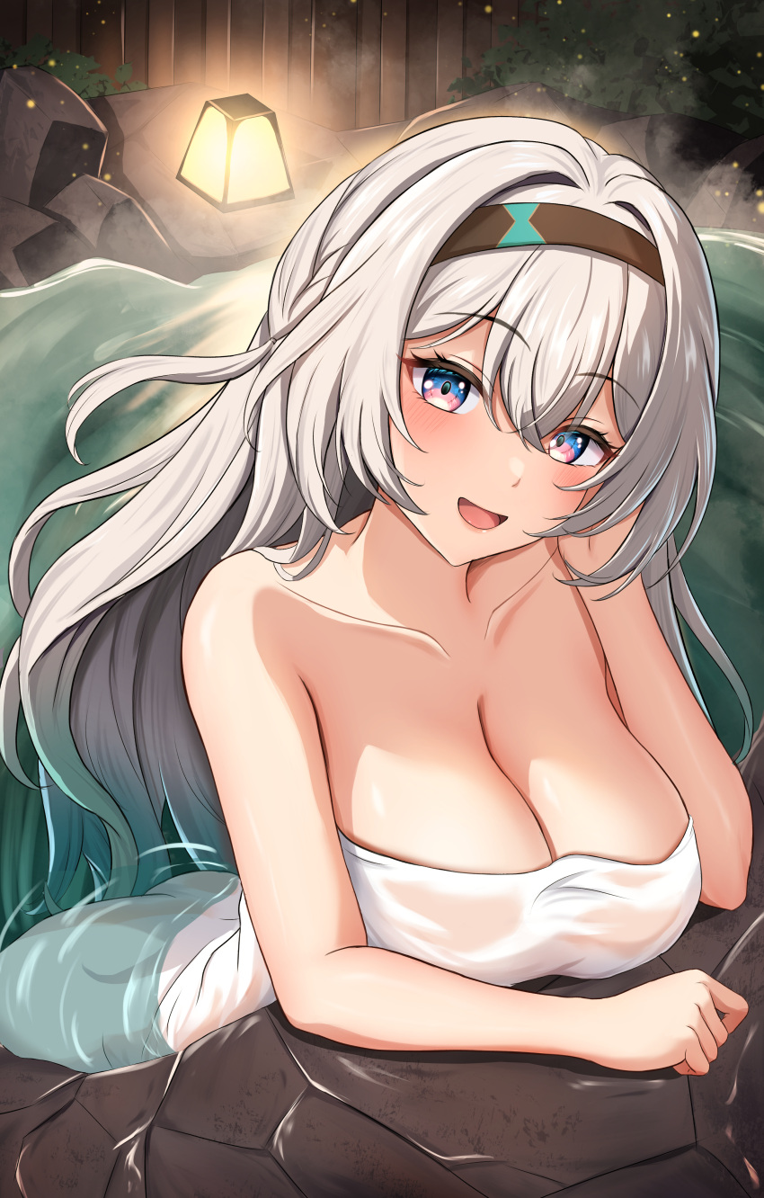 1girl :d absurdres bare_arms bare_shoulders black_hairband breasts cleavage commentary_request firefly_(honkai:_star_rail) grey_hair hairband head_tilt highres honkai:_star_rail honkai_(series) large_breasts long_hair looking_at_viewer naked_towel onsen open_mouth purple_eyes shouhaku0512 smile solo towel very_long_hair water