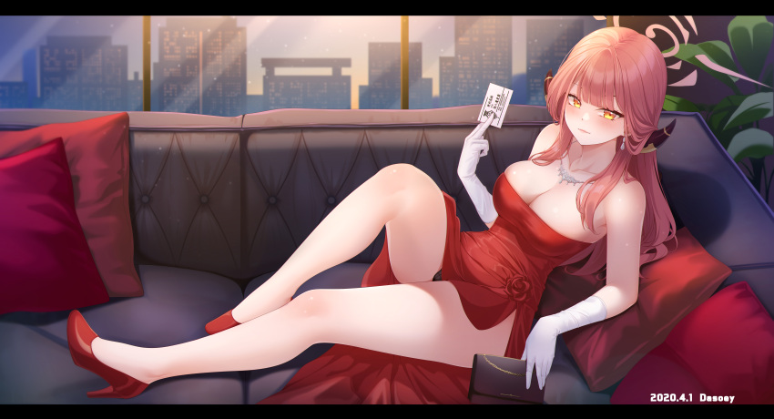 1girl absurdres aru_(blue_archive) aru_(dress)_(blue_archive) black_panties blue_archive breasts brown_horns cleavage couch dasoey demon_horns diamond_necklace dress earrings gloves halo high_heels highres horns jewelry large_breasts long_hair official_alternate_costume on_couch opera_glasses panties pink_hair pink_halo red_dress red_footwear side_slit sitting solo strapless strapless_dress underwear wavy_ends white_gloves window yellow_eyes