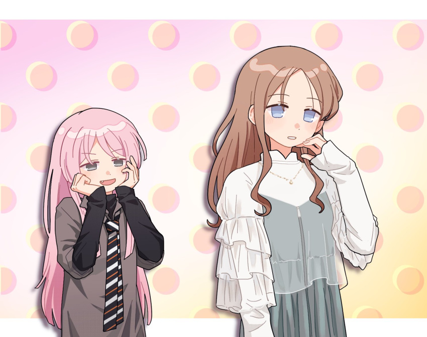 2girls bakookami bang_dream! bang_dream!_it's_mygo!!!!! black_shirt blue_dress blue_eyes blush brown_hair chihaya_anon diagonal-striped_clothes diagonal-striped_necktie dress fang grey_eyes grey_shirt hand_up hands_on_own_cheeks hands_on_own_face hands_up jewelry layered_sleeves long_hair long_sleeves looking_at_another multiple_girls nagasaki_soyo necklace necktie open_mouth parted_lips pinafore_dress pink_hair shirt short_over_long_sleeves short_sleeves sidelocks sleeveless sleeveless_dress sleeves_past_wrists striped_clothes white_shirt