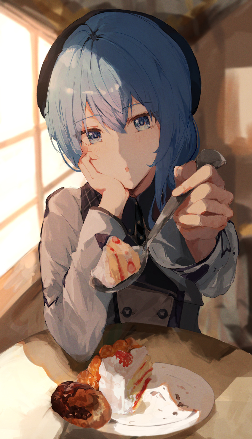 1girl absurdres beret blue_eyes brown_hat cake cake_slice coat crossed_bangs food food_request hair_between_eyes hair_over_shoulder hat highres holding holding_food holding_spoon hololive hoshimachi_suisei incoming_food indoors long_hair long_sleeves plate solo spoon star_(symbol) star_in_eye symbol_in_eye table virgo76612871 virtual_youtuber white_coat window