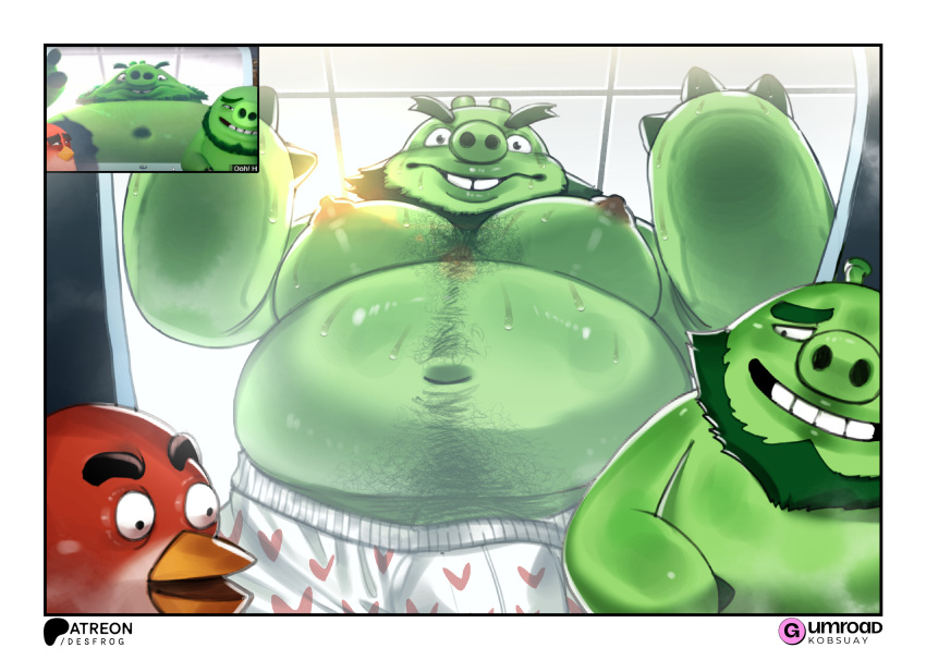 angry_birds anthro avian beard belly big_belly big_moobs bird body_hair chest_hair clothing desfrog domestic_pig eyebrows facial_hair green_body green_skin heart_clothing heart_symbol heart_underwear hi_res king_leonard male male_anthro mammal moobs navel nipples overweight overweight_anthro overweight_male reference_image suid suina sus_(pig) teeth underwear