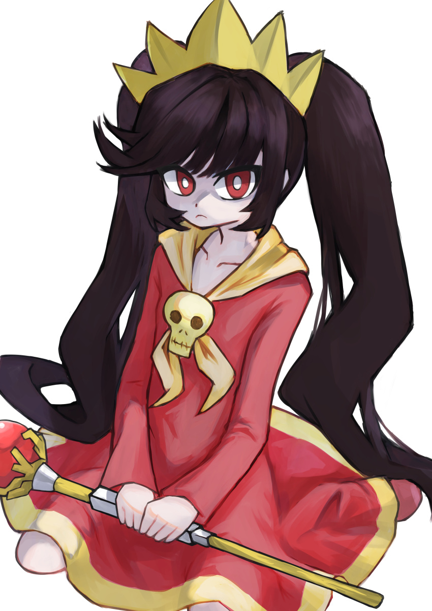 1girl absurdres ashley_(warioware) big_hair black_hair closed_mouth dress frown hairband highres holding holding_staff long_hair long_sleeves looking_at_viewer mutuki_conoka red_dress red_eyes red_footwear red_sleeves simple_background sitting skull solo staff tiara twintails very_long_hair warioware warioware:_move_it! wariza