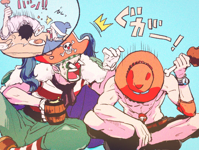 3boys abunaideka aged_down belt blue_background buggy_the_clown coat commentary_request crossed_legs cup elbow_pads food fork gloves gol_d._roger hat highres holding holding_cup holding_food holding_fork log_pose male_focus multiple_boys one_piece orange_hat portgas_d._ace red_nose shorts simple_background single_elbow_pad sitting thought_bubble topless_male white_gloves