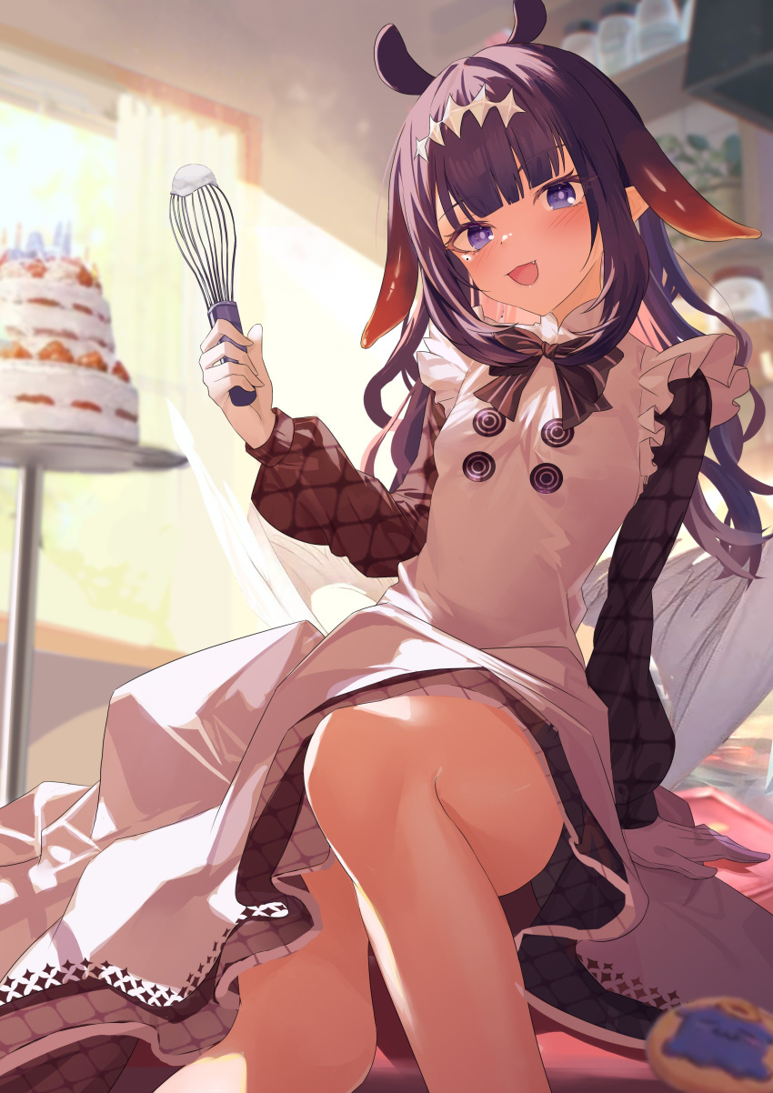 1girl absurdres apron black_dress blush cake cookie dress fang food gloves highres holding holding_whisk hololive hololive_english jiang_ye_kiri long_hair looking_at_viewer mole mole_under_eye ninomae_ina'nis ninomae_ina'nis_(6th_costume) official_alternate_costume open_mouth pointy_ears purple_eyes purple_hair sidelocks smile solo tentacle_hair virtual_youtuber whisk white_apron white_gloves