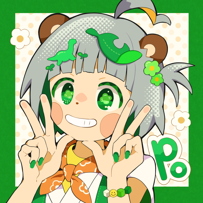 1girl alternate_eye_color animal_ears animal_nose bandana bandana_around_neck blunt_bangs blush_stickers border clover-shaped_pupils dinosaur_hair_ornament double_w flower green_border green_eyes green_flower green_nails grey_hair grin hair_flower hair_ornament halftone_texture highres layered_shirt leaf leaf_on_head looking_at_viewer mode_aim one_side_up orange_bandana outside_border polka_dot polka_dot_background ponpoko_(vtuber) raccoon_ears raccoon_girl raccoon_tail shirt smile solo suspenders symbol-shaped_pupils tail taoru_(towtowru) upper_body virtual_youtuber w white_shirt