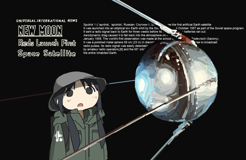 1girl backpack bag black_background black_eyes black_hair blush brodie_helmet chito_(shoujo_shuumatsu_ryokou) coat combat_helmet english_text green_coat hair_over_shoulder helmet hood hood_down hooded_coat long_hair long_sleeves low_twintails object_focus open_mouth prasetyoadii22 satellite shoujo_shuumatsu_ryokou simple_background solo sputnik twintails upper_body