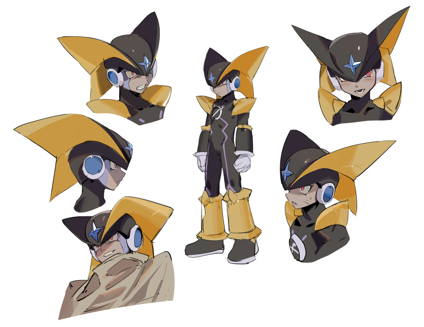 1boy bass.exe_(mega_man) black_bodysuit black_helmet bodysuit brown_cloak clenched_teeth cloak dilated_pupils emblem facial_mark fins full_body head_fins highres mayutsuba_mono mega_man_(series) mega_man_battle_network_(series) multiple_views netnavi red_eyes shoulder_pads teeth upper_body