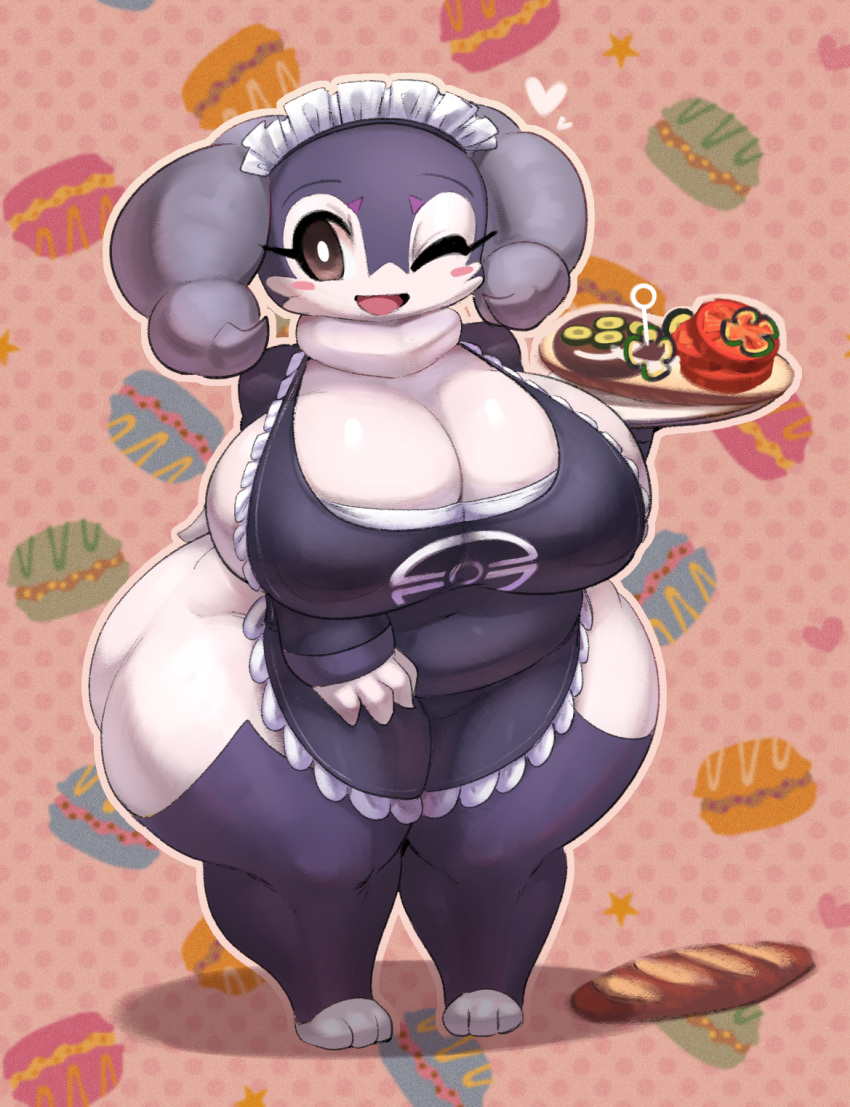 anthro big_breasts blush breasts brown_eyes cleavage clothed clothing female generation_8_pokemon heart_symbol hi_res huge_breasts huge_thighs indeedee looking_at_viewer maid_apron maid_headdress maid_uniform multicolored_body nintendo one_eye_closed pastry poke_puff pokemon pokemon_(species) purple_body shadow short_stack side_boob slightly_chubby slightly_chubby_anthro slightly_chubby_female smile solo standing thick_thighs tray uniform white_body wide_hips wink yboon