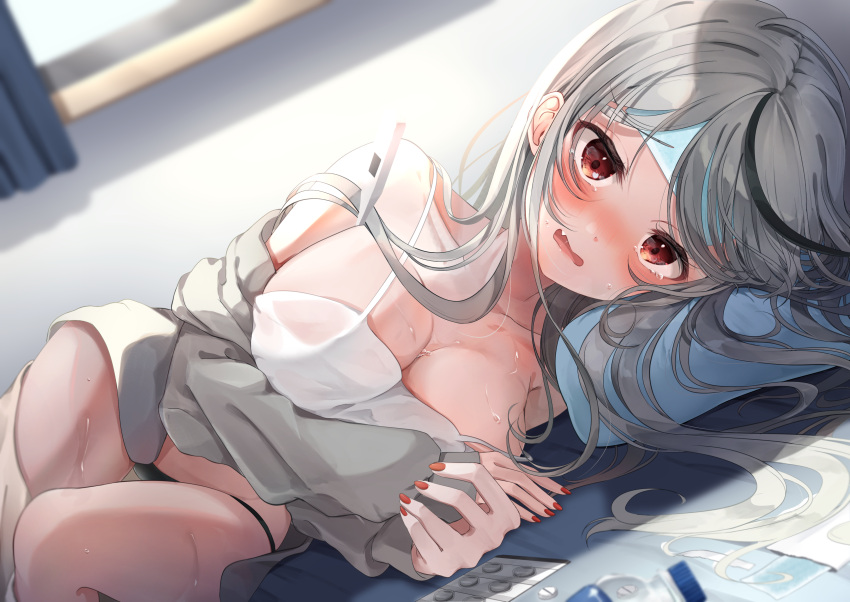 absurdres grey_hair highres hololive holox long_hair lying nail_polish pill sakamata_chloe see-through shagaihi sick solo sweat tearing_up virtual_youtuber