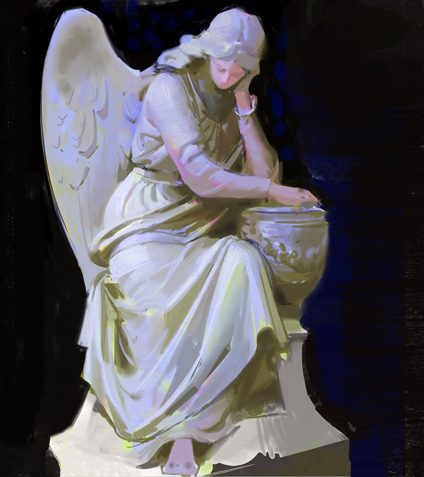 1girl angel angel_wings art_study barefoot black_background bracelet closed_eyes closed_mouth dress faux_traditional_media feathered_wings full_body hand_up highres hood jewelry long_hair long_sleeves marble_(stone) original robe shadow simple_background sitting solo squatting statue toga urn white_dress white_wings wings yuming_li