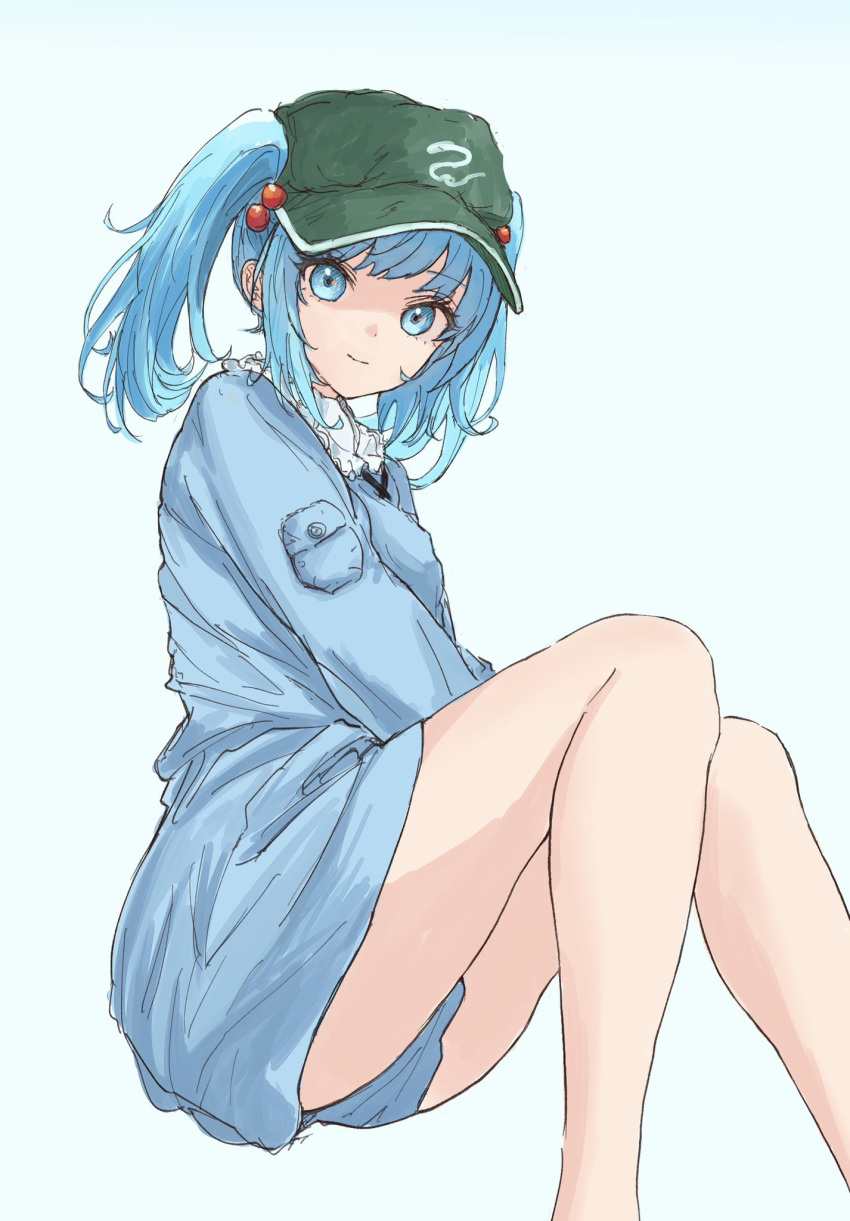 1girl bare_legs blue_eyes blue_hair blue_jacket blue_panties blue_skirt closed_mouth commentary eyelashes feet_out_of_frame flat_cap from_side green_hat hair_between_eyes hair_bobbles hair_ornament hat highres jacket kashiwada_kiiho kawashiro_nitori knees_together_feet_apart legs long_sleeves looking_at_viewer medium_hair panties simple_background sitting sketch skirt smile solo thighs touhou tsurime underwear white_background