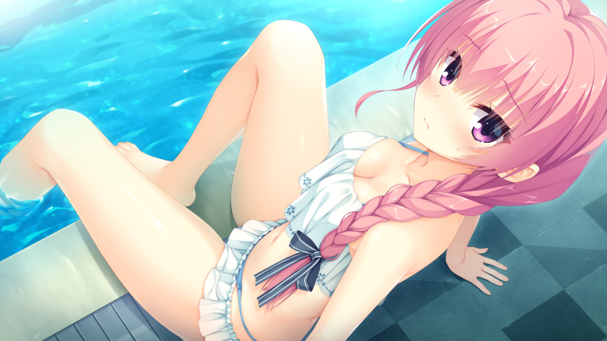 arm_support bikini bikini_skirt blush braid breasts cleavage eyebrows_visible_through_hair from_above game_cg hair_over_shoulder highres kobuichi leaning_back long_hair looking_at_viewer medium_breasts mitsukasa_ayase official_art pink_eyes pink_hair poolside riddle_joker sitting soaking_feet solo swimsuit water