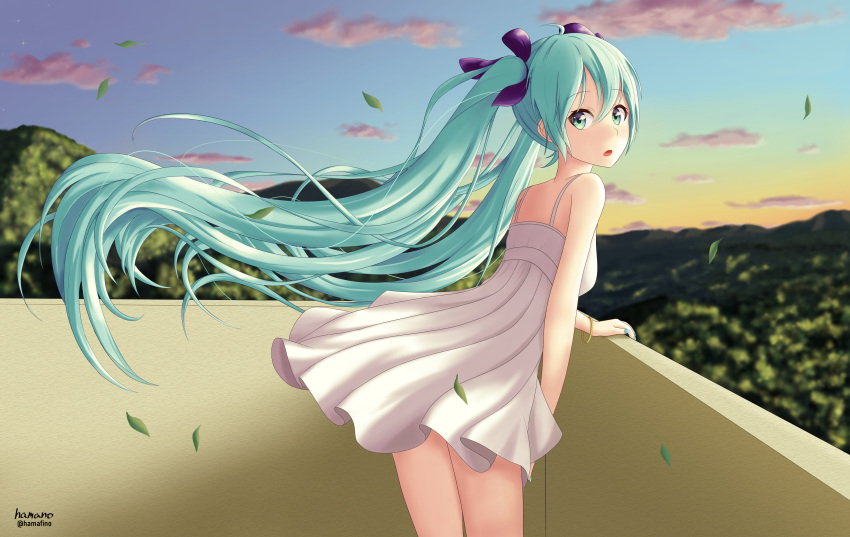 1girl :o absurdres aqua_eyes aqua_hair aqua_nails artist_name bare_shoulders bracelet breasts day dress floating_hair hair_between_eyes hair_ribbon hamano_(hamafino) hatsune_miku highres jewelry leaf leaning_forward light_blush long_hair looking_at_viewer looking_back mountainous_horizon outdoors parted_lips ribbon sidelocks sky sleeveless sleeveless_dress small_breasts solo spaghetti_strap standing sundress twintails very_long_hair vocaloid white_dress wind