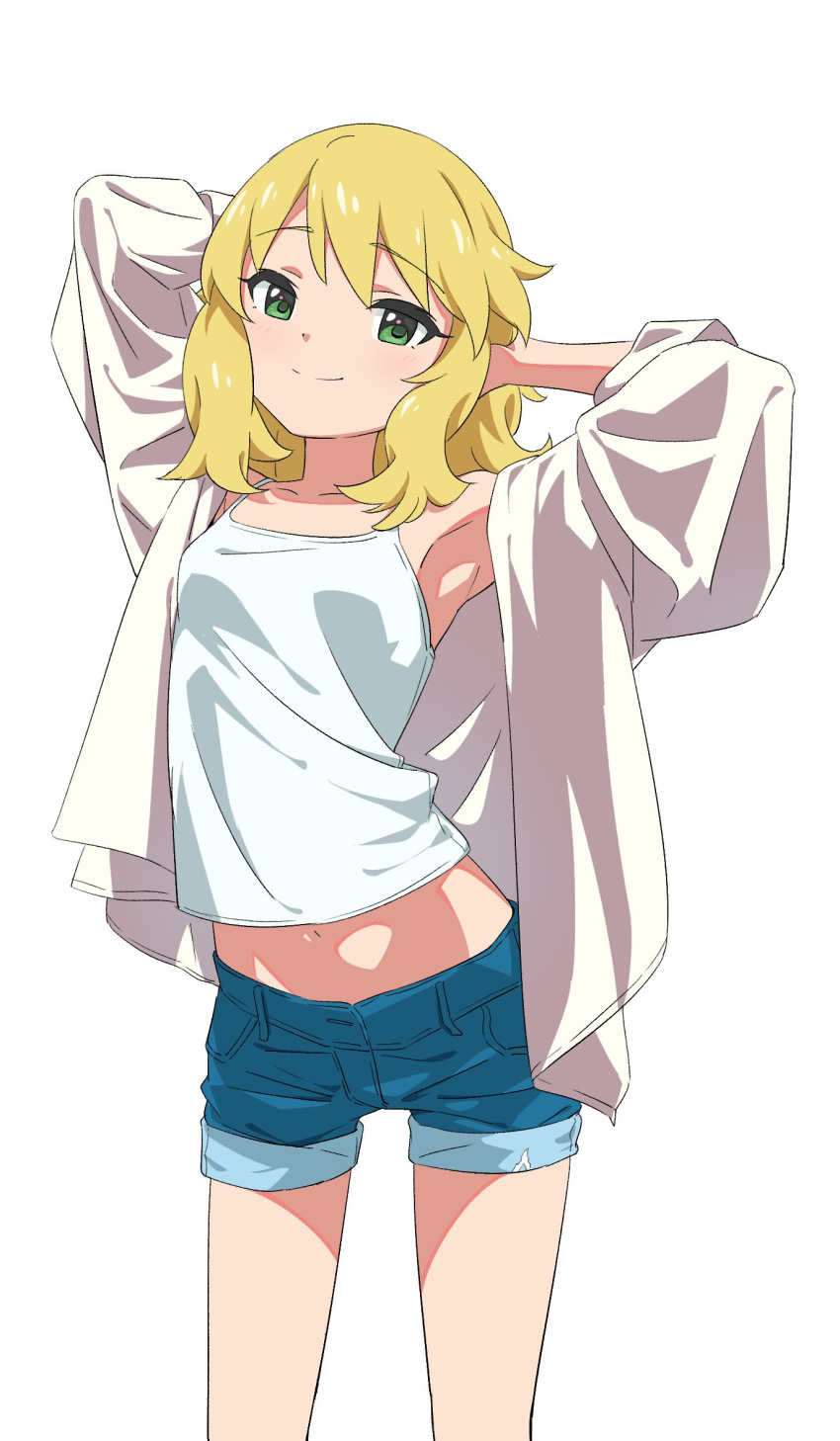 1girl armpits arms_behind_head arms_up blonde_hair blue_shorts camisole commentary cowboy_shot denim denim_shorts flat_chest green_eyes hair_between_eyes highres idolmaster idolmaster_cinderella_girls idolmaster_cinderella_girls_u149 legs light_blush long_sleeves looking_at_viewer medium_hair navel open_clothes open_shirt papiyon1297 sakurai_momoka shirt shorts sidelocks smile solo thighs wavy_hair white_background white_shirt