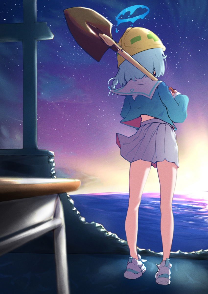 1girl arona_(blue_archive) blue_archive blue_hair blue_shirt braid commentary_request desk from_behind full_body halo hard_hat helmet highres holding holding_shovel medium_hair meluwow midriff midriff_peek night night_sky ocean sailor_collar school_desk school_uniform serafuku shirt shoes shovel single_braid skirt sky solo standing star_(sky) sunrise wet_floor white_footwear white_sailor_collar white_skirt