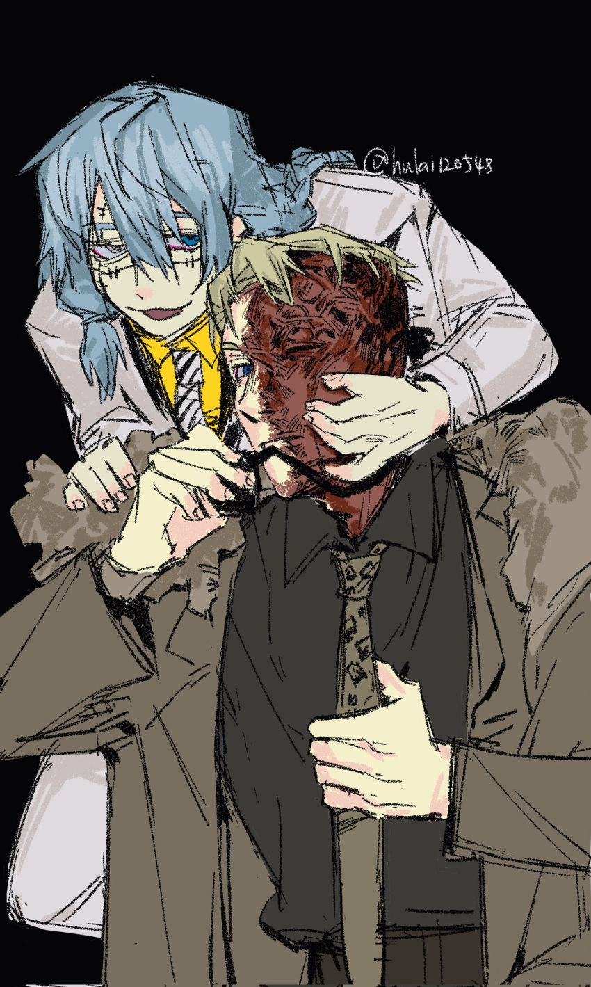 2boys :p adjusting_clothes adjusting_necktie animal_print black_background black_shirt blonde_hair blue_eyes blue_hair brown_jacket brown_necktie brown_pants brown_suit burn_scar burnt grey_eyes hair_between_eyes hand_on_another's_cheek hand_on_another's_face heterochromia highres hulai120548 jacket jujutsu_kaisen lapels leopard_print light_blue_hair long_hair mahito_(jujutsu_kaisen) male_focus multiple_boys necktie notched_lapels one_eye_closed pants scar shirt short_hair simple_background smile stitched_face stitches striped_necktie suit suit_jacket tongue tongue_out twitter_username very_short_hair white_jacket white_necktie white_pants white_suit