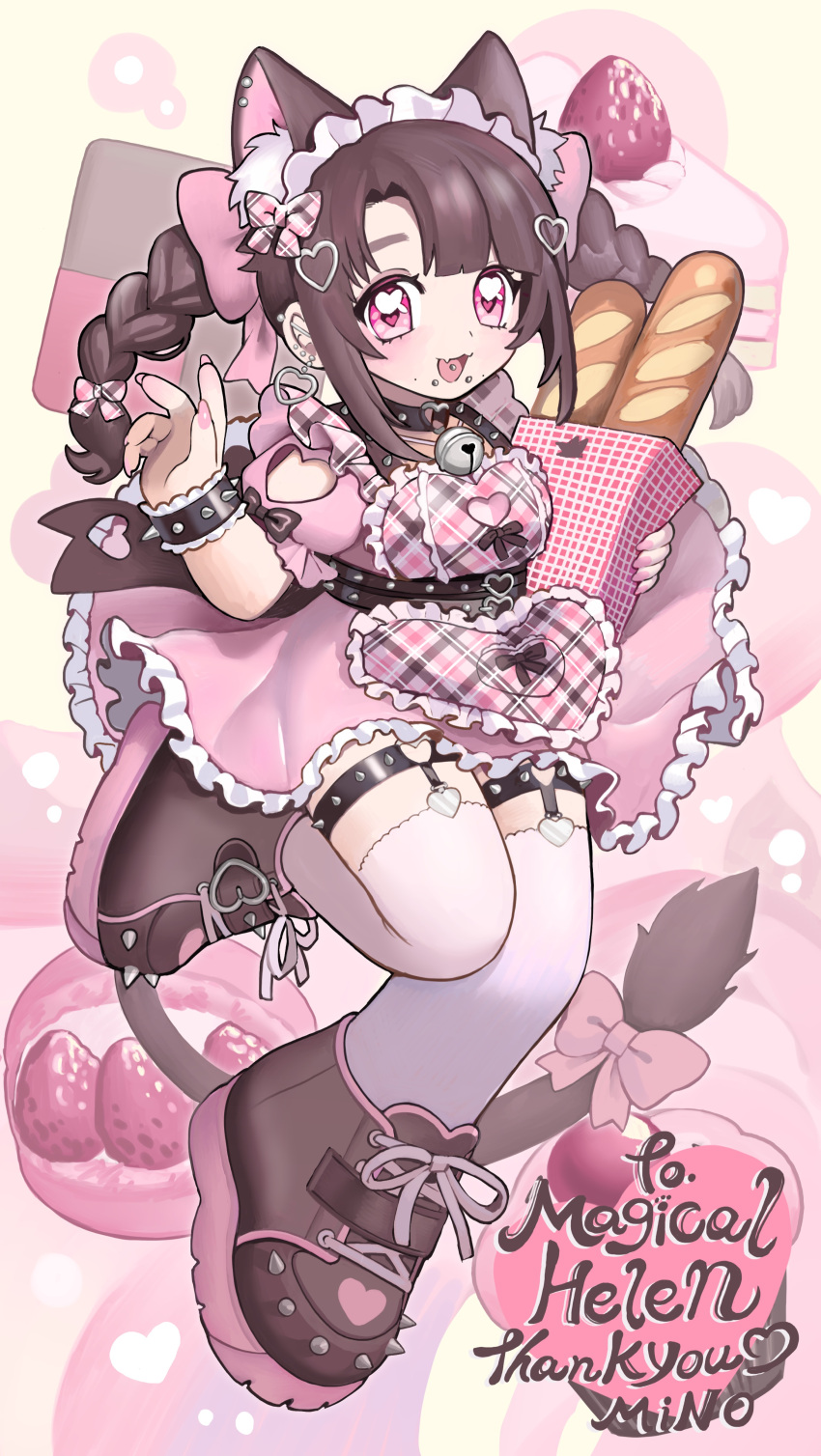 absurd_res accessory alternative_fashion animal_humanoid apron bag baguette bell bell_collar belt boots bow_ribbon braided_pigtails bread brown_hair cake cat_humanoid chibi clothing collar colored_nails cuff_(restraint) dessert dress facial_piercing felid felid_humanoid feline feline_humanoid female flesh_fang food footwear frilly frilly_clothing fruit furgonomics garter hair hair_accessory hair_bow hair_ribbon hairclip heart_symbol hi_res humanoid inner_ear_fluff j-fashion jirai_kei kirarayakubou legwear lip_piercing maid_headdress maid_uniform mammal mammal_humanoid minidress nails open_mouth open_smile pattern_clothing piercing pink_nails pink_theme plaid plaid_clothing plant restraints ribbons smile snakebite_piercing socks solo strawberry tail tail_accessory tail_bow tail_ribbon text thigh_highs thigh_socks tongue tongue_piercing toony tuft uniform wrist_cuffs