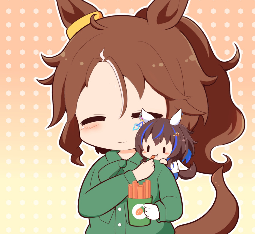 2girls :t animal_ears blue_hair bow brown_background brown_hair chibi closed_eyes closed_mouth collared_shirt daitaku_helios_(umamusume) dress_shirt feeding food gomashio_(goma_feet) gradient_background green_bow green_shirt hair_between_eyes hair_ornament hairclip highres holding holding_food horse_ears horse_girl horse_tail long_hair mejiro_palmer_(umamusume) mini_person minigirl multicolored_hair multiple_girls on_shoulder parted_bangs polka_dot polka_dot_background ponytail shirt side_ponytail smile star_(symbol) star_hair_ornament streaked_hair tail umamusume wavy_mouth white_hair white_shirt yellow_background |_|