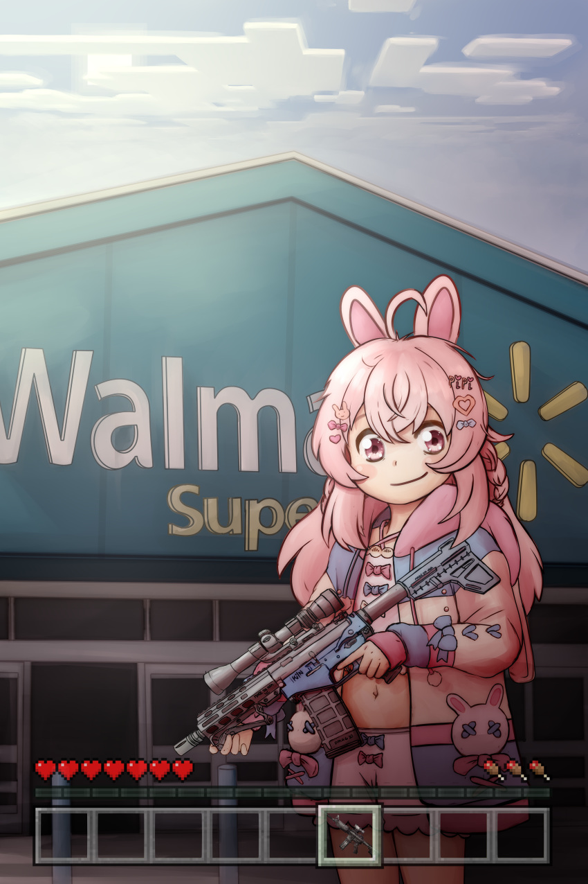 1girl absurdres ahoge animal_ears ar-15 assault_rifle bloomers blue_bow blue_sky blush_stickers bow commentary drawstring english_commentary gun hair_ornament heads-up_display heart heart_hair_ornament highres holding holding_gun holding_weapon hood hood_down in_minecraft_(meme) kiln_firelink long_hair looking_at_viewer meme minecraft navel outdoors pajamas phase_connect pink_bloomers pink_bow pink_eyes pink_hair pink_pajamas pipkin_pippa pipkin_pippa_(1st_costume) rabbit_ears rabbit_girl rabbit_hair_ornament rabbit_ornament rifle sky smile solo standing trigger_discipline upper_body virtual_youtuber walmart weapon