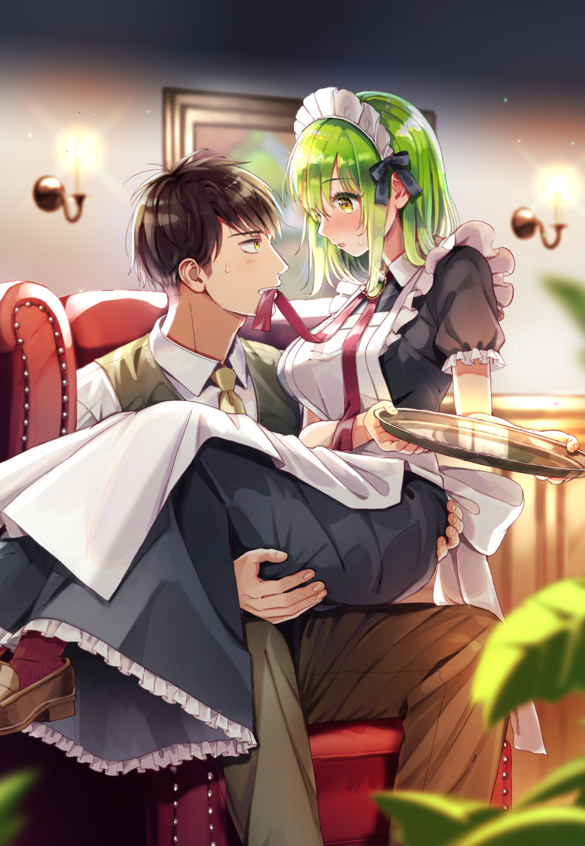 1boy 1girl apron armchair black_hair blurry blurry_background blurry_foreground breasts brown_footwear carrying chair commentary_request eye_contact frills fumishichi green_hair green_necktie green_vest hetero highres holding holding_tray indoors loafers long_hair looking_at_another maid maid_apron maid_headdress medium_breasts mouth_hold necktie original princess_carry red_socks shoes sitting socks tray vest white_apron yellow_eyes