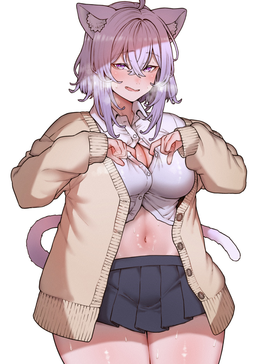 1girl absurdres animal_ear_fluff animal_ears blush breasts brown_sweater cat_ears cat_girl cat_tail cleavage highres hololive inamimi_(sheep1733) looking_at_viewer miniskirt navel nekomata_okayu paizuri_invitation pleated_skirt purple_eyes purple_hair shirt short_hair simple_background skirt solo steam sweat sweater tail thighs virtual_youtuber wavy_mouth white_background white_shirt