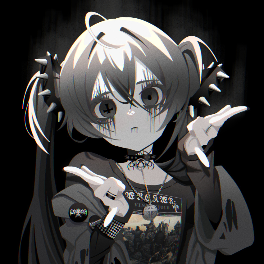 1girl \n/ absurdres ahoge black_background black_shirt choker dissection_(band) expressionless eyeliner graveland_(band) hair_between_eyes hairband hatsune_miku highres irreligiositat jacket jewelry long_hair long_sleeves looking_at_viewer makeup mismatched_pupils necklace off_shoulder open_clothes open_jacket pale_skin partially_colored ring shirt simple_background solo spiked_choker spiked_hairband spikes t-shirt twintails upper_body vocaloid