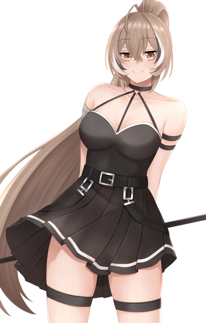 1girl ahoge arm_strap armlet axe bare_shoulders belt black_choker black_dress black_hair brown_eyes brown_hair choker cosplay crossed_bangs dress hair_between_eyes high_ponytail highres holding holding_axe holding_weapon hololive hololive_english huge_ahoge long_hair looking_at_viewer multicolored_hair nanashi_mumei popcornflakes simple_background smile smug solo sousou_no_frieren strapless strapless_dress streaked_hair thigh_strap thighs ubel_(sousou_no_frieren) very_long_hair virtual_youtuber weapon white_background