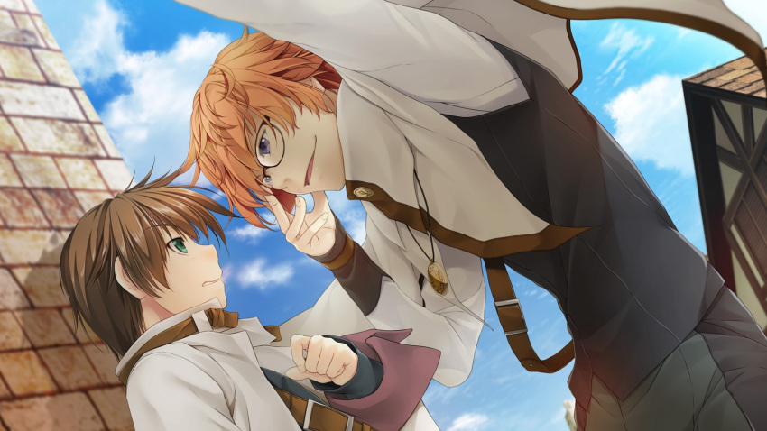 2boys adjusting_eyewear against_wall alto_travers atelier-moo belt bespectacled blue_eyes brown_hair cloak closed_mouth cloud eleick_meola glasses green_eyes hair_between_eyes highres kabedon long_sleeves multiple_boys open_mouth short_hair sky smile standing town white_cloak wizards_symphony