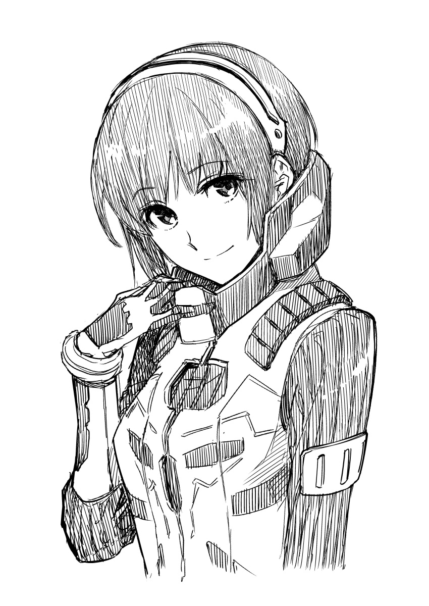 1girl bodysuit godzilla:_monster_planet godzilla_(series) headband looking_at_viewer military military_uniform monochrome polygon_pictures sketch smile spacesuit toho_(film_company) yuko_tani