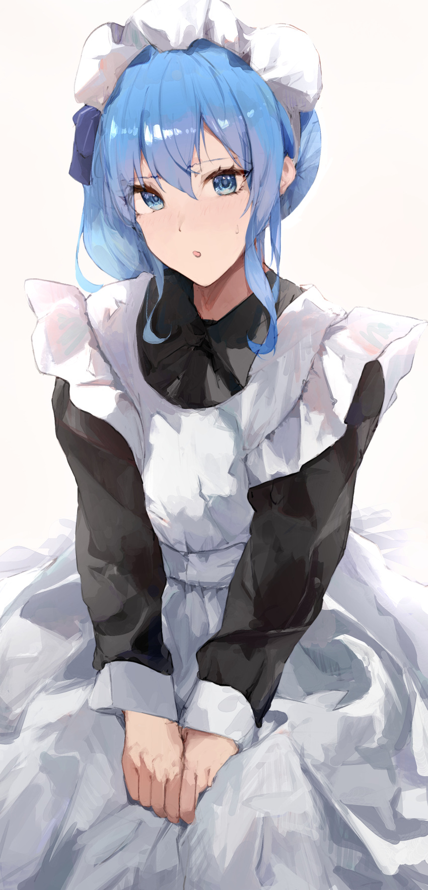 absurdres apron black_shirt blue_bow blue_eyes blue_hair bow dress hair_bow hairstyle_request hand_on_lap highres hololive hoshimachi_suisei light_blush long_sleeves looking_at_viewer maid maid_apron maid_headdress shirt sidelocks sitting sweatdrop virgo76612871 virtual_youtuber wavy_hair white_dress