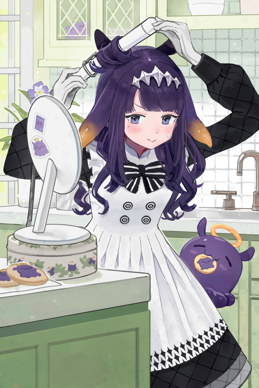 1girl absurdres apron black_dress blush cookie dress english_commentary food gloves highres hololive hololive_english long_hair mole mole_under_eye ninomae_ina'nis ninomae_ina'nis_(6th_costume) official_alternate_costume pointy_ears purple_eyes purple_hair tabby_ragtan