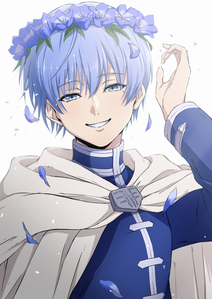 1boy absurdres bloom blue_eyes blue_flower blue_hair blue_jacket cape commentary_request eyes_visible_through_hair falling_petals flower flower_wreath grin hair_between_eyes hand_up head_wreath highres himmel_(sousou_no_frieren) jacket leaf long_sleeves looking_at_viewer mole mole_under_eye nishizuki_shino petals short_hair simple_background smile solo sousou_no_frieren tsurime upper_body white_background white_cape