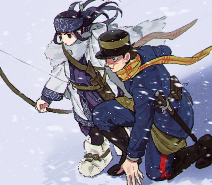 1boy 1girl ainu ainu_clothes asirpa belt_pouch boots bow_(weapon) cloak commentary_request floating_hair from_above full_body fur_cloak golden_kamuy hat headband holding holding_bow_(weapon) holding_weapon long_hair looking_ahead military_hat military_uniform on_one_knee popogano pouch scar scar_on_face scarf short_hair snowing sugimoto_saichi uniform weapon white_cloak