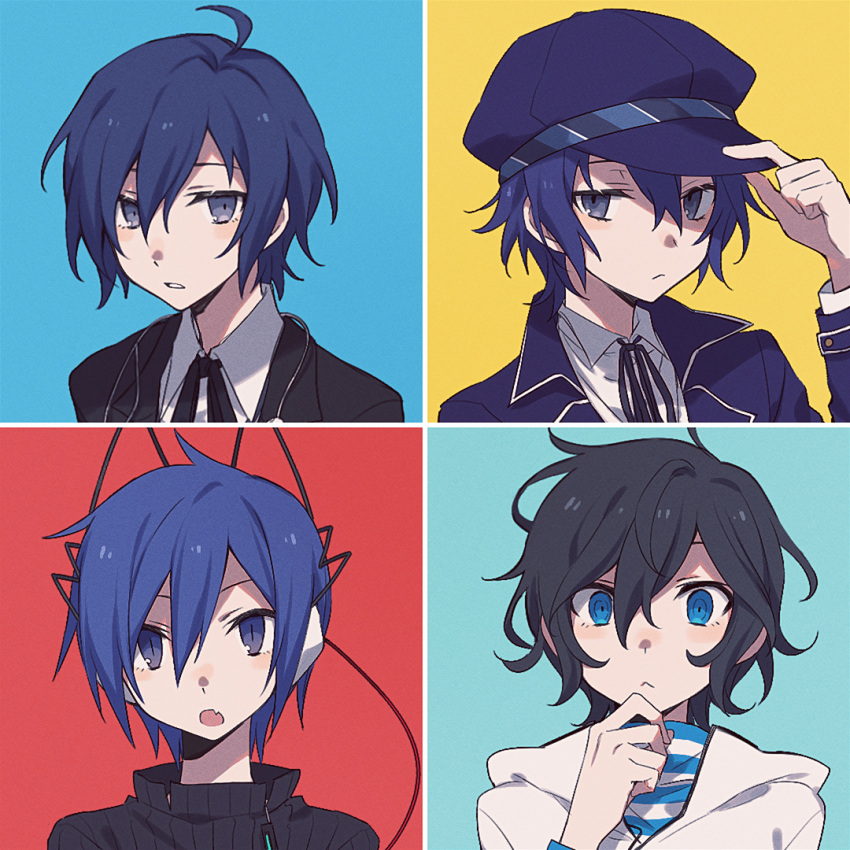 1girl 3boys ahoge androgynous black_hair black_shirt blue_eyes blue_hair blue_jacket closed_mouth collared_shirt commentary dark_blue_hair devil_survivor devil_survivor_2 eyelashes frown gesshoku3 hair_between_eyes hat headphones hood hoodie jacket looking_at_viewer multicolored_background multiple_boys open_mouth persona persona_3 persona_4 portrait protagonist_(devil_survivor) protagonist_(devil_survivor_2) reverse_trap ringed_eyes shirogane_naoto shirt short_hair slit_pupils wavy_hair white_hoodie white_shirt wire yuuki_makoto_(persona_3)