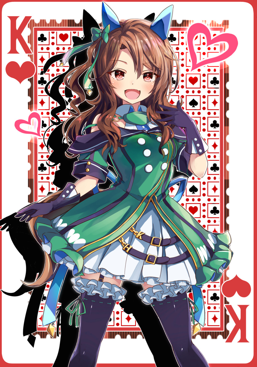 1girl absurdres bare_shoulders black_gloves black_thighhighs brown_eyes brown_hair card club_(shape) diamond_(shape) dress ear_covers frilled_dress frills garter_straps gloves green_dress highres horse_girl king_(playing_card) king_halo_(umamusume) king_of_hearts_(playing_card) layered_sleeves looking_at_viewer neko_senshi open_mouth playing_card puffy_short_sleeves puffy_sleeves short_sleeves smile solo spade_(shape) thighhighs umamusume