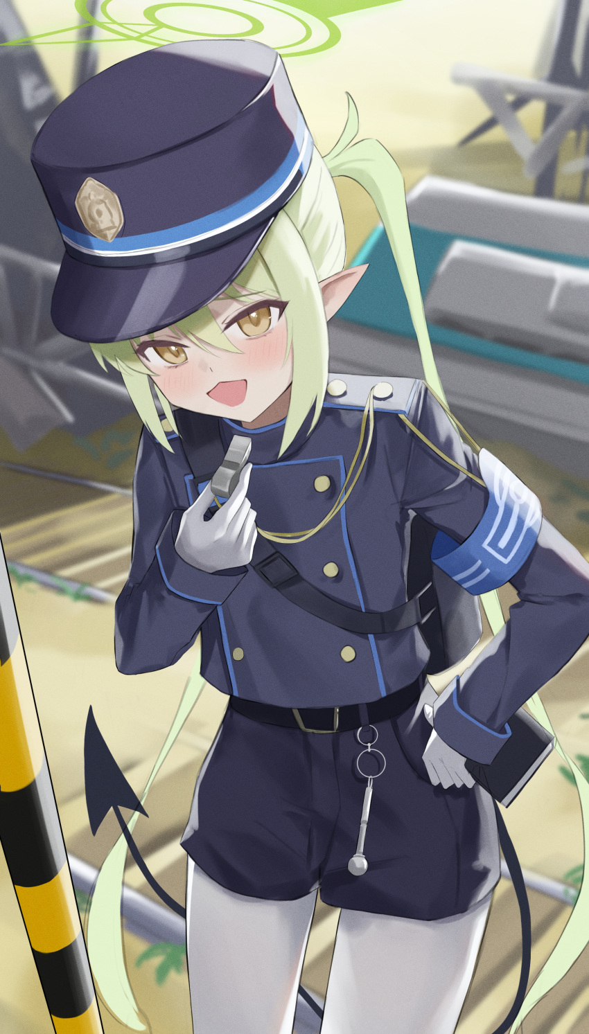 1girl absurdres belt black_belt black_hat black_jacket black_shorts black_tail blue_archive blush buttons cowboy_shot demon_tail double-breasted gloves green_hair green_halo hair_between_eyes halo hat highlander_twintails_conductor_(blue_archive) highres holding holding_whistle jacket long_hair long_sleeves looking_at_viewer neranainerune open_mouth pantyhose peaked_cap shorts smile solo tail twintails whistle white_gloves white_pantyhose yellow_eyes