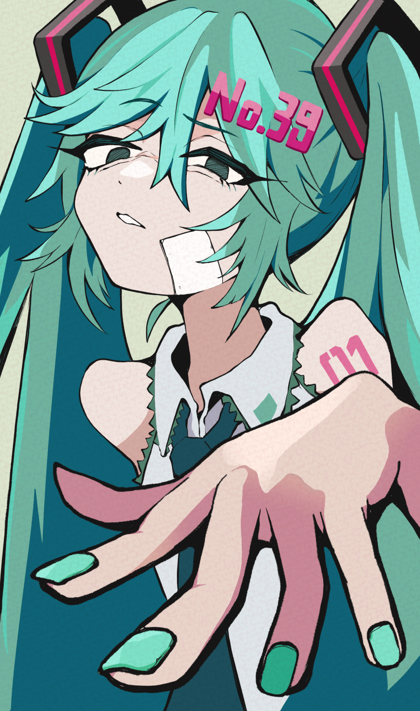 1girl absurdres bare_shoulders blue_eyes blue_hair blue_nails blue_necktie collared_shirt commentary disdain empty_eyes foreshortening glaring hair_ornament half-closed_eyes hand_up hatsune_miku highres long_hair looking_at_viewer necktie number_hair_ornament number_tattoo parted_lips raised_eyebrow shirt shoulder_tattoo simple_background sleeveless sleeveless_shirt solo taoru_(towtowru) tattoo twintails upper_body vocaloid white_shirt