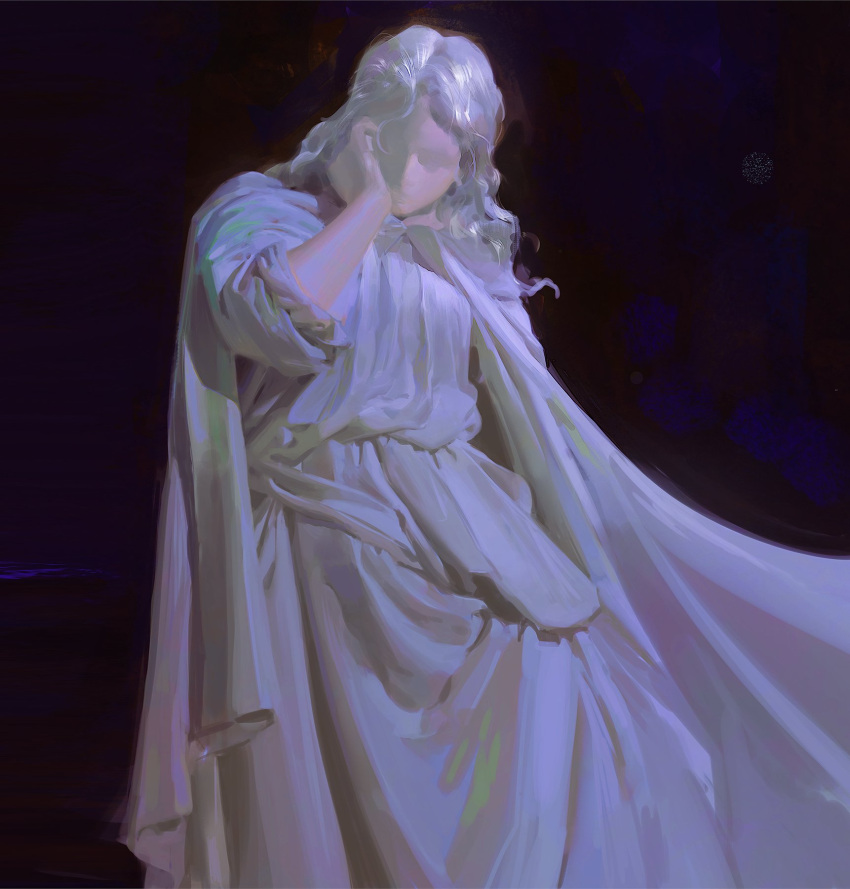 1girl art_study black_background cape closed_eyes cowboy_shot dark dark_background dress faceless faux_traditional_media feet_out_of_frame hand_up highres long_hair long_sleeves original robe simple_background solo standing wavy_hair white_hair white_robe yuming_li