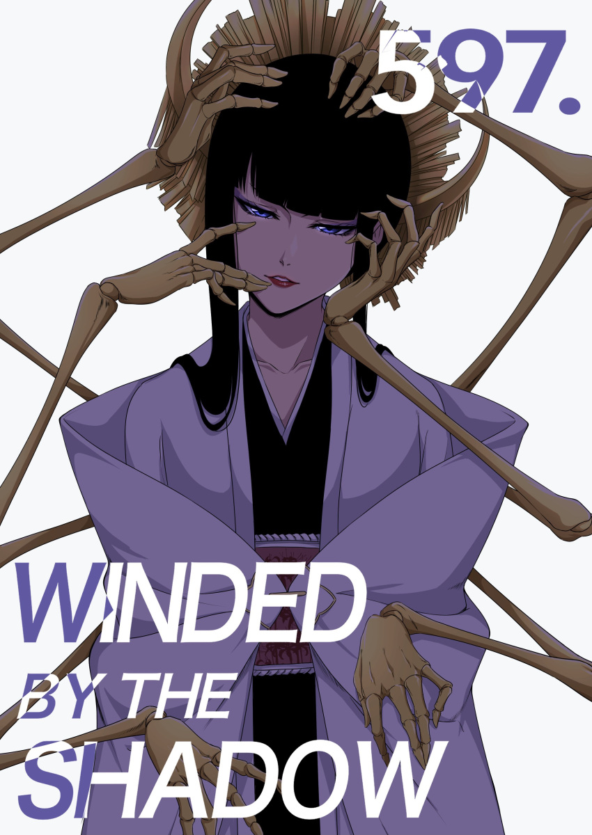 1girl absurdres arms_up black_hair black_kimono bleach bleach:_sennen_kessen-hen blue_eyes blunt_bangs collarbone commentary cover cover_page cowboy_shot crescent crescent_hair_ornament english_text eyelashes hair_ornament hair_over_shoulder haori head_tilt highres japanese_clothes kimono kubo_tite_(style) lips long_hair mechanical_arms nishizuki_shino nose parted_lips shutara_senjumaru simple_background smile solo straight_hair tsurime white_background white_kimono