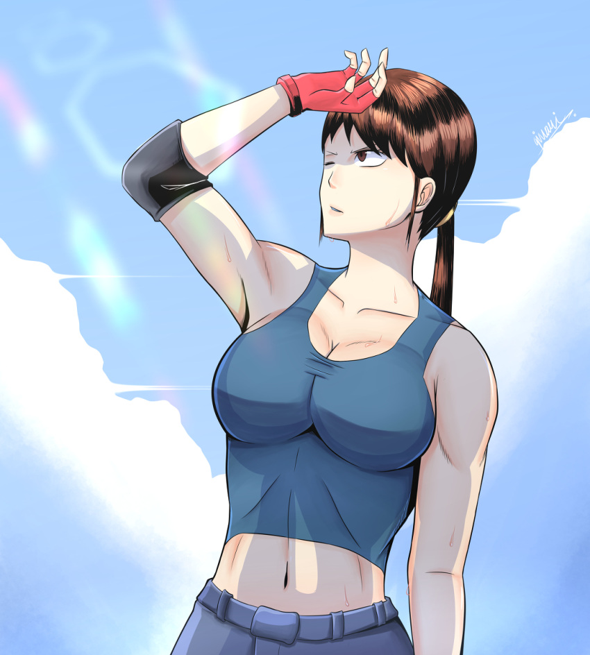 1girl arm_at_side arm_up armpits blue_sky blue_tank_top breasts brown_eyes brown_hair butterjar cleavage cloud cloudy_sky collarbone day elbow_pads english_commentary fingerless_gloves frown gloves hand_to_forehead highres large_breasts looking_afar midriff navel one_eye_closed original outdoors parted_lips ponytail shading_eyes signature sky solo sun_glare sunlight sweat tank_top toned upper_body