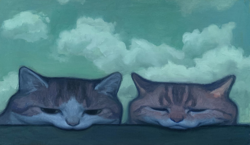 animal animal_focus cat closed_eyes closed_mouth cloud cloudy_sky commentary day english_commentary green_sky highres karin_hosono no_humans orange_cat original outdoors painting_(medium) portrait realistic sky traditional_media