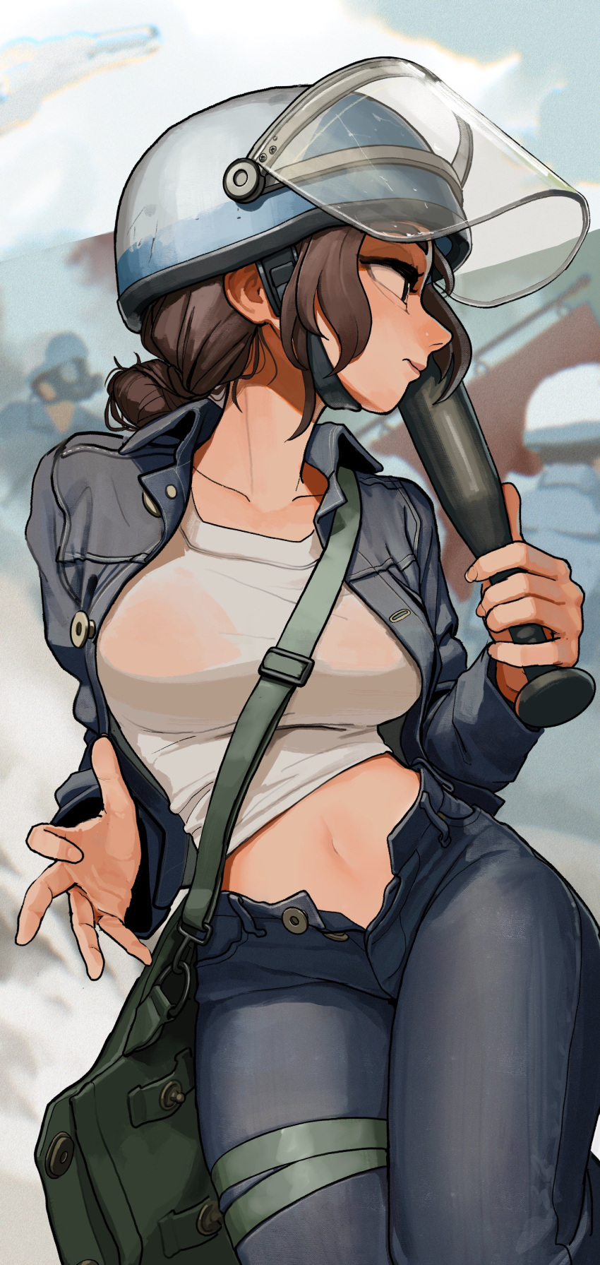 1girl absurdres bag brown_hair denim face_shield from_side green_bag helmet highres holding holding_weapon jacket jeans navel open_fly original pants rifleman1130 see-through see-through_shirt shirt shoulder_bag weapon white_shirt