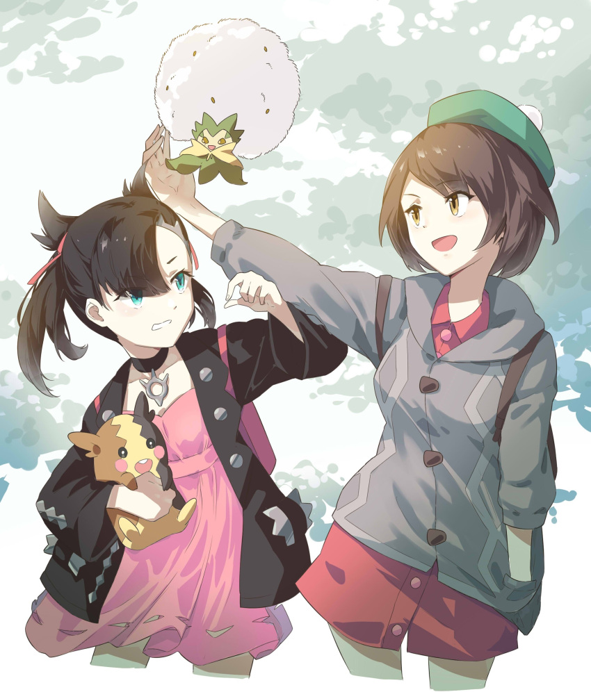 2girls absurdres aqua_eyes asymmetrical_bangs backpack bag beret black_choker black_hair black_jacket brown_bag brown_eyes brown_hair button_dress chinese_commentary choker commentary_request dress eldegoss gloria_(pokemon) green_hat grey_jacket hair_ribbon hand_in_pocket hat highres holding holding_pokemon jacket linxi marnie_(pokemon) medium_hair morpeko morpeko_(full) multiple_girls open_clothes open_mouth parted_bangs pink_bag pink_dress pink_ribbon pokemon pokemon_(creature) pokemon_swsh ribbon short_hair teeth