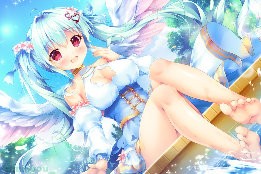 1girl :d ahoge angel angel_wings aqua_hair arm_at_side bare_legs bare_shoulders barefoot blue_corset blue_skirt blue_sky blush breasts cleavage cleavage_cutout clothing_cutout commentary_request corset covered_nipples curvy day detached_sleeves dutch_angle feathered_wings feet floating_hair flower hair_between_eyes hair_flower hair_intakes hair_ornament hand_out_of_frame hand_up happy heart heart_hair_ornament juliet_sleeves large_breasts legs legs_together long_hair long_sleeves looking_at_viewer mikeou open_mouth original outdoors pink_flower puffy_sleeves red_eyes shiny_skin shirt sidelocks sitting skirt sky sleeveless sleeveless_shirt smile soaking_feet soles solo sparkle splashing toes very_long_hair white_shirt white_wings wings