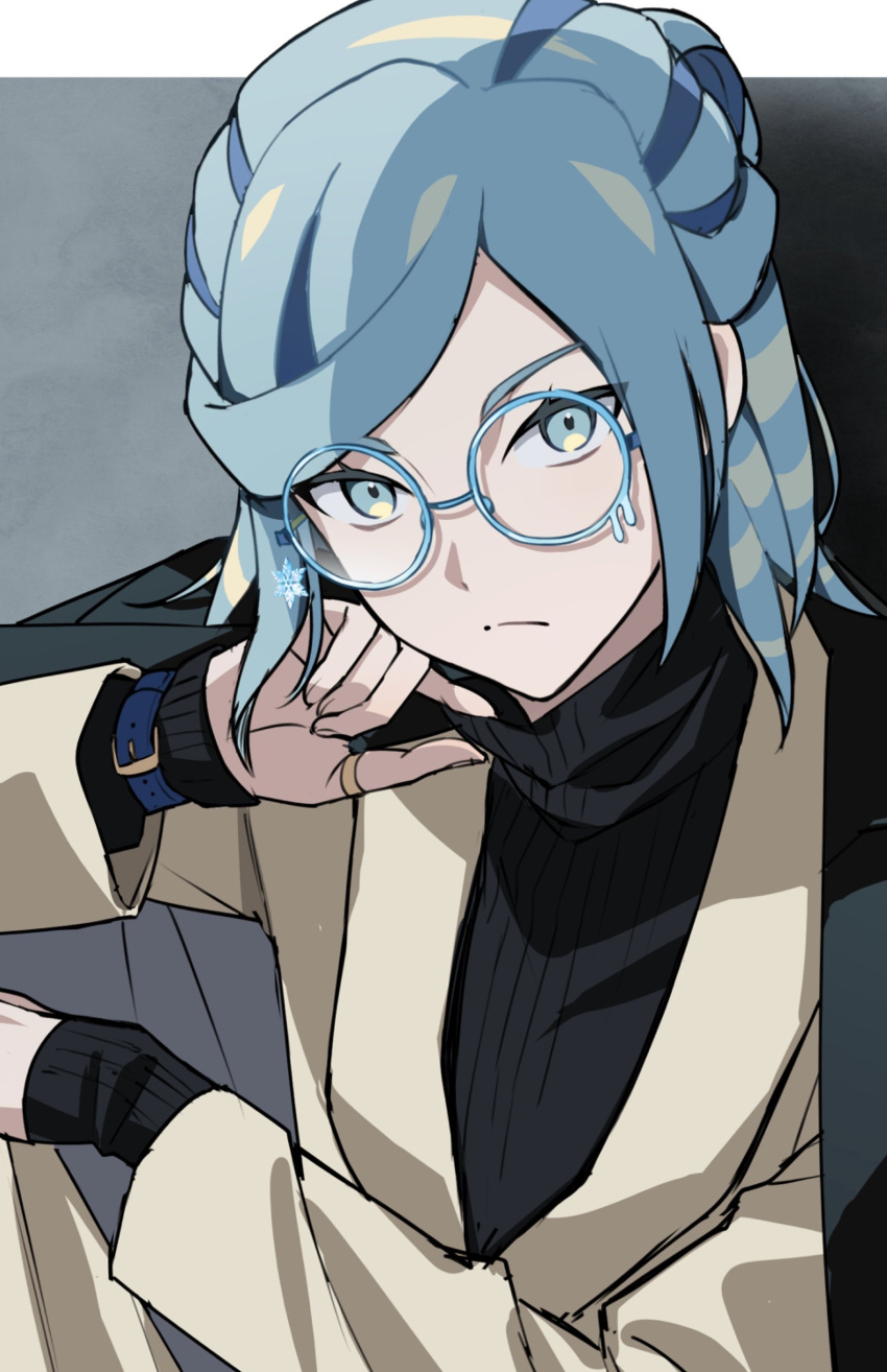 1boy absurdres black_sweater blue_eyes blue_hair closed_mouth expressionless glasses grusha_(pokemon) hair_bun hand_on_own_chin hand_on_own_knee head_tilt highres knee_up long_sleeves looking_at_viewer looking_up male_focus medium_hair multicolored_hair pokemon pokemon_sv round_eyewear sidelocks single_hair_bun sitting solo streaked_hair suit sweater swept_bangs turtleneck turtleneck_sweater tuze111 upper_body watch wristwatch