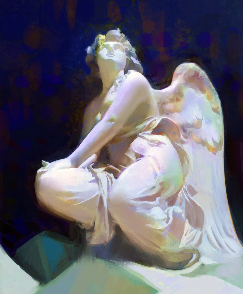 1girl angel bare_shoulders closed_mouth commentary dark_background dress english_commentary faux_traditional_media feathered_wings full_body highres long_hair looking_up marble_(stone) original solo squatting statue white_dress white_wings wings yuming_li