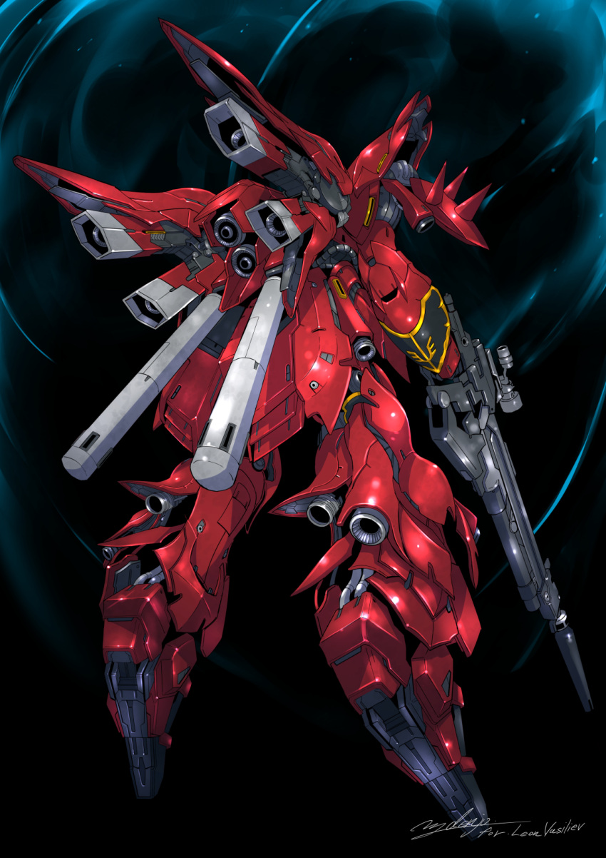 armor commentary_request denjyou23 floating from_behind from_below gun gundam gundam_unicorn highres holding holding_gun holding_weapon mecha no_humans red_armor rifle robot science_fiction signature sinanju space spikes thrusters weapon