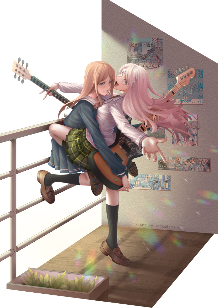 2girls absurdres artist_name bang_dream! bang_dream!_it's_mygo!!!!! bass_guitar black_shirt black_skirt black_socks blush brown_footwear brown_hair chihaya_anon commentary electric_guitar fang guitar highres holding holding_guitar holding_instrument hug instrument jackabean kaname_raana loafers long_sleeves multiple_girls mygo!!!!!_(bang_dream!) nagasaki_soyo open_mouth pink_hair pleated_skirt poster_(object) railing sailor_collar school_uniform serafuku shiina_taki shirt shoes skin_fang skirt smile socks takamatsu_tomori tsukinomori_school_uniform white_sailor_collar yuri