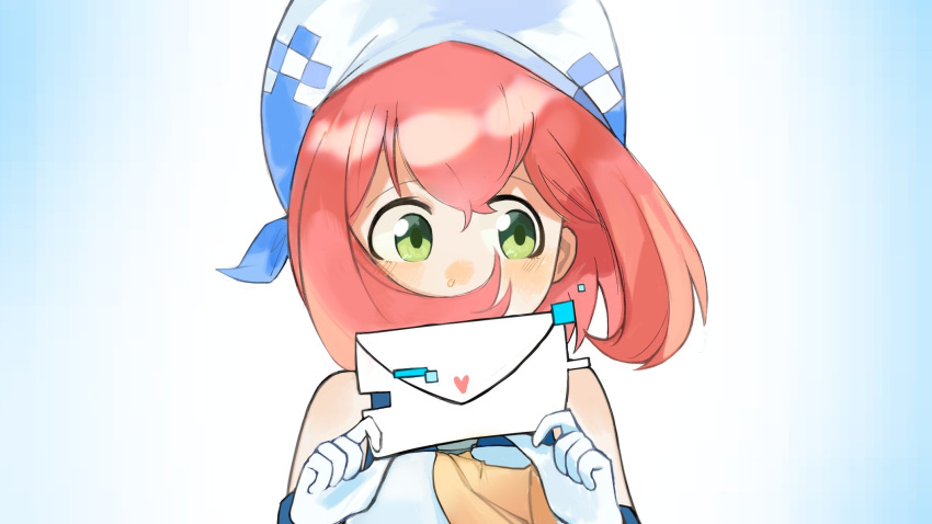 1girl barobakuoikawa blush covering_own_mouth digimon digimon_linkz embarrassed gloves green_eyes hat highres holding holding_letter kurihara_hina letter looking_to_the_side medium_hair pink_hair solo upper_body valentine white_gloves white_hat