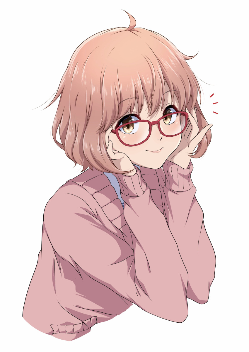 1girl absurdres ahoge blush brown_eyes closed_mouth commentary_request cropped_torso eyelashes glasses hair_between_eyes hands_on_own_cheeks hands_on_own_face hands_up happy highres kuriyama_mirai kyoukai_no_kanata lips looking_at_viewer medium_hair nishizuki_shino notice_lines orange_hair pink_sweater pinky_out red-framed_eyewear simple_background sleeves_past_wrists smile solo sweater upper_body white_background